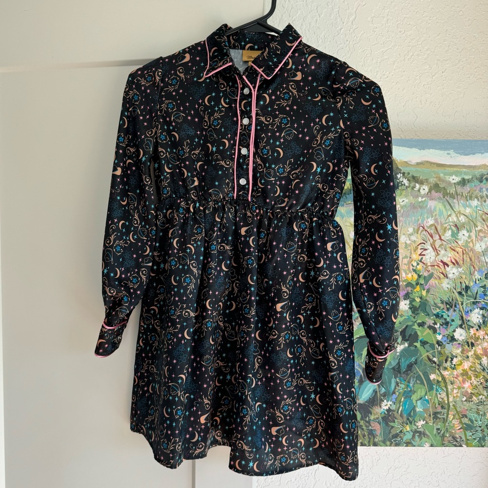 Wrangler Girl's Black Moon Stars & Swirls Long Sleeve Western Dress, M NWOT